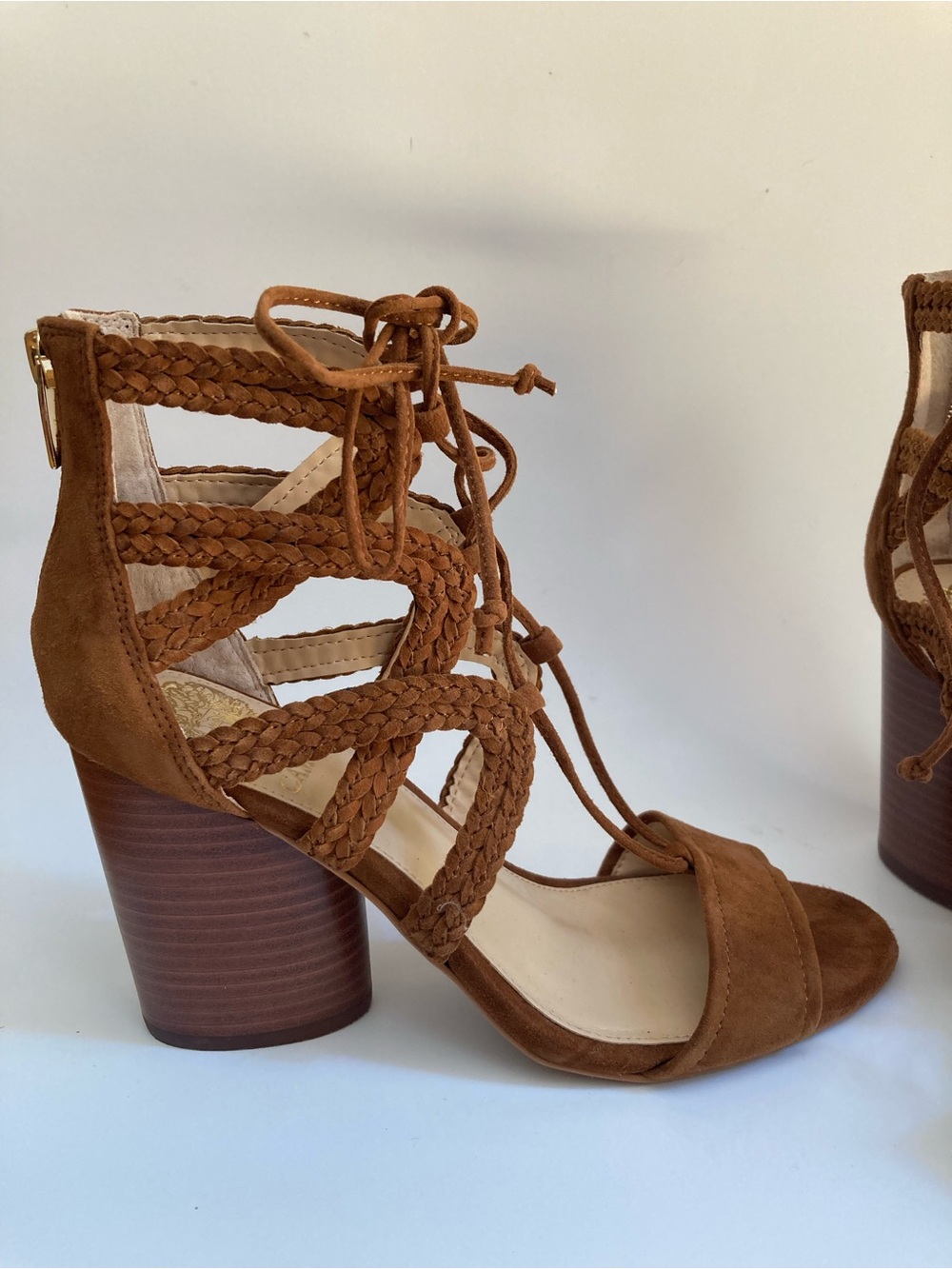 Vince Camuto Brown Braided Suede Lace-Up Block Heel Sandals